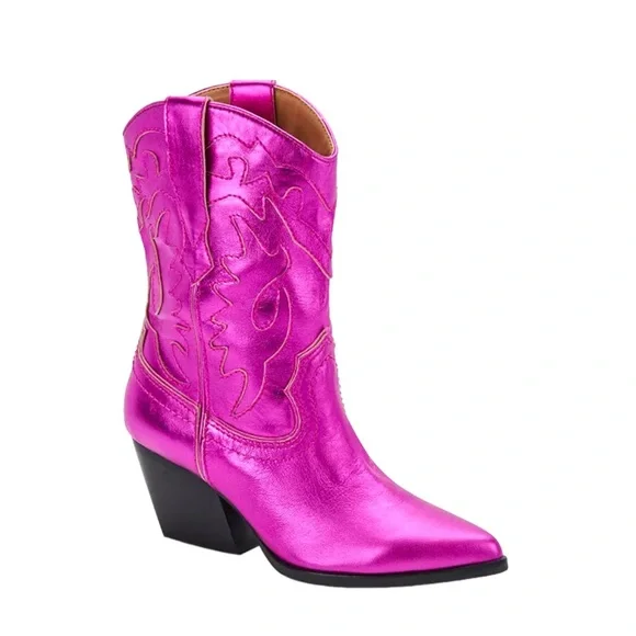 DOLCE VITA* Electric Hot Pink Metallic Leather Women's Landen Western Booties - Picture 2 of 8